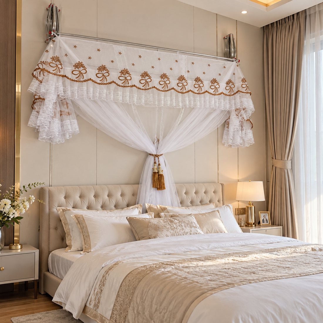 Mùng xếp gọn khoan tường màu trắng ren nâu trong phòng ngủ